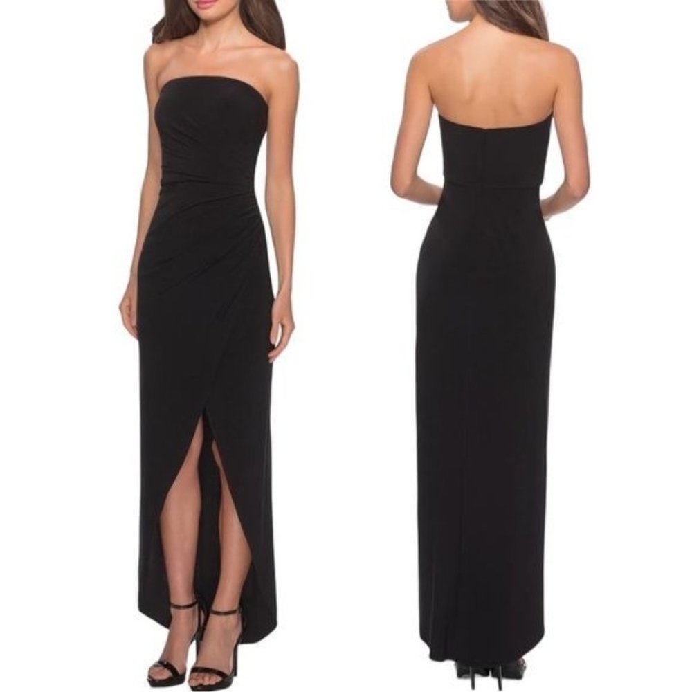 La Femme Strapless Ruched Soft Jersey Gown‎ in Black, Size 10